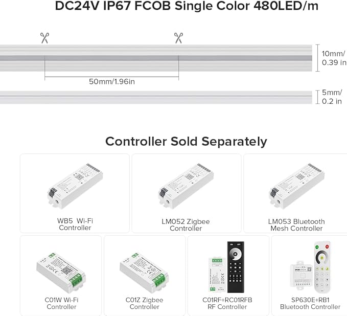 BTF-LIGHTING FCOB COB LED Strip IP67 Waterproof Flexible High Density Uniform Diffused Neon Light 16.4FT DC24V Natural White 4000K 480LED/m CRI90+ for Indoor Decor(No Adapter or Controller)