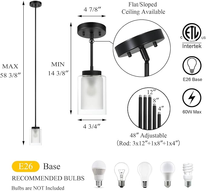 XiNBEi Lighting Black Pendant Light, Modern Adjustable Hanging Pendant Lighting Glass Kitchen Island Lights for Bar Dining Room Kitchen Sink XB-P1195-MB