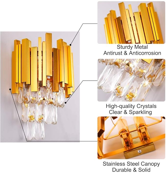 FRIXCHUR RIXCHUR Gold Crystal Wall Sconce 3-Tier Modern Wall Light Fixture for Bedroom Dining Room Hallway Staircase, 2 x E12 Base (Bulb Not Included)