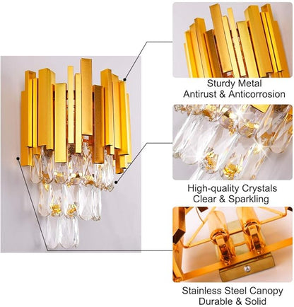 FRIXCHUR RIXCHUR Gold Crystal Wall Sconce 3-Tier Modern Wall Light Fixture for Bedroom Dining Room Hallway Staircase, 2 x E12 Base (Bulb Not Included)