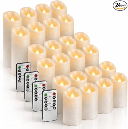 Set of 24 Slim Outdoor LED Candles, Battery Operated Flickering Fake Candles with 10-Key Timers for Patio & Porch Decor, 2.2 Inch Diameter Waterproof Resin Pillars for Large Events & Sconces (White)