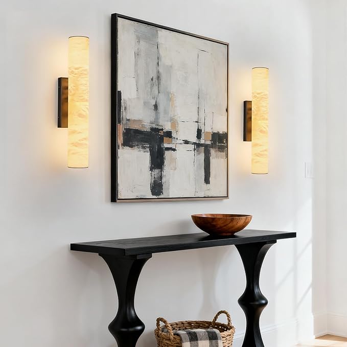 LMQNINE Natural Alabaster Wall Sconces Set of Two Spanish Marble Wall Light Cylinder Modern Black LED Sconce for Living Room Bedroom Bathroo Stairs（S-2Pack）