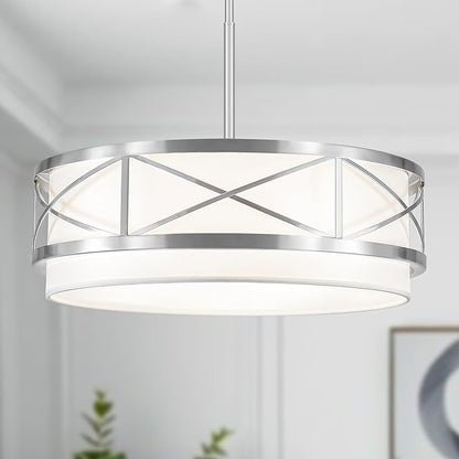 19.7'' Modern Brushed Nickel Drum Chandelier, 5-Light Modern Chandeliers for Dining Room Brushed Nickel Pendant Light with White Fabric Shade for Kitchen Living Room Entryway Bedroom