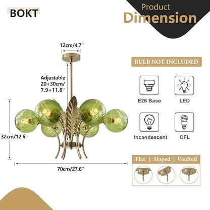 BOKT Brushed Brass Chandelier Gold Leaf 6 Green Glass Globe Hanging Pendant Light Fixture Classic Adjustable Height Medieval Sputnik Chandelier for Home