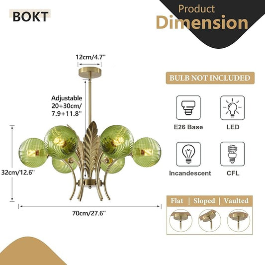 BOKT Brushed Brass Chandelier Gold Leaf 6 Green Glass Globe Hanging Pendant Light Fixture Classic Adjustable Height Medieval Sputnik Chandelier for Home