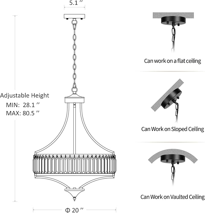 CNRATYE 20" Modern Farmhouse Crystal Chandeliers for Dining Room, 5-Light Black Antique Pendant Chandelier, Contemporary Hanging Light Fixture for Living Room Bedroom Foyer Kitchen Island Entryway