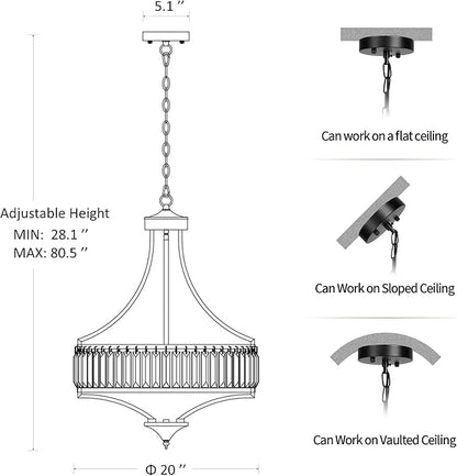 CNRATYE 20" Modern Farmhouse Crystal Chandeliers for Dining Room, 5-Light Black Antique Pendant Chandelier, Contemporary Hanging Light Fixture for Living Room Bedroom Foyer Kitchen Island Entryway