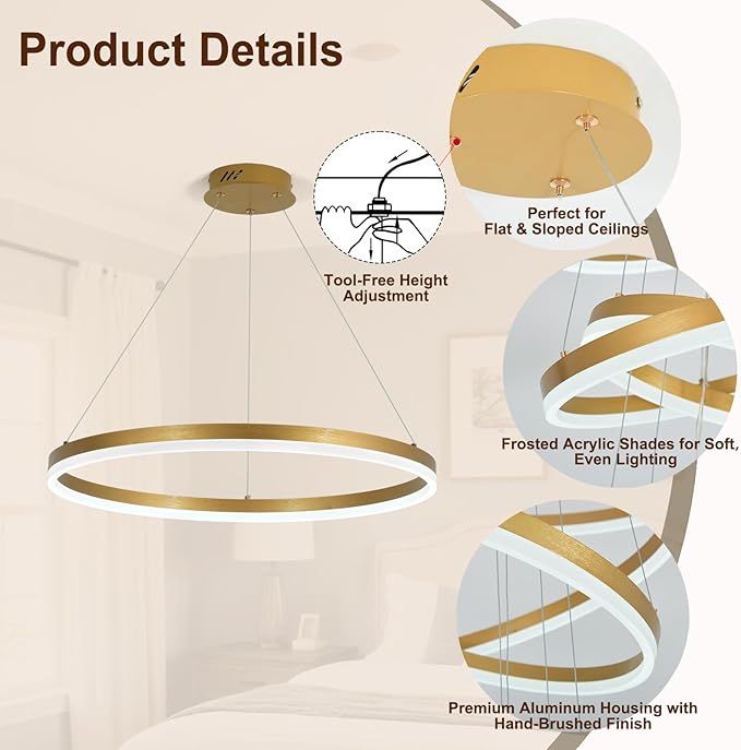 Modern LED Chandelier Gold High Ceiling Ring Chandeliers with Remote Control Circular Pendant Light Dimmable for Dining Room Living Room Bedroom Hallway Kitchen Island(3000K-6500K D23.6)