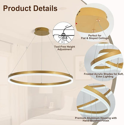 Modern LED Chandelier Gold High Ceiling Ring Chandeliers with Remote Control Circular Pendant Light Dimmable for Dining Room Living Room Bedroom Hallway Kitchen Island(3000K-6500K D23.6)