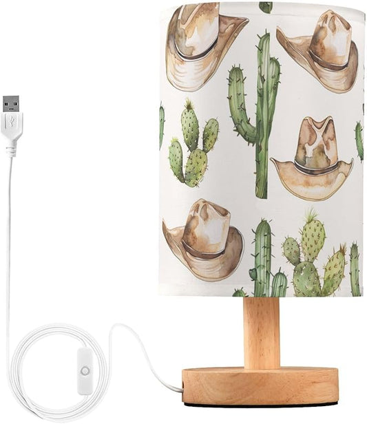Bedside Table Lamp Western Cowboy Desert Cactus Nightstand Lamp with Wood Desk Lamps for Bedroom Living Room Nursery Office Home Decor