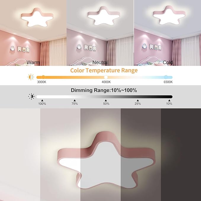 LED Ceiling Light Fixture, Modern Pentagram Recessed Ceiling Lights, 3000K-6000K Dimmable Light, Close to Lighting Flush Mount Living Room Pendant Lamps (Pink, 24inch)