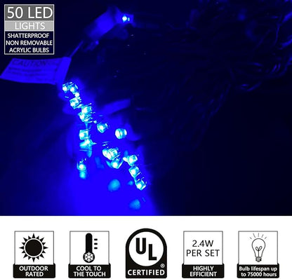 UL Listed 50 Count 5MM Wide Angle Led Christmas Lights Set,Outdoor Mini Led String Light for Garden Patio Halloween Christmas Tree Lighting Decorations,17 Feet Green Wire (Blue Color)
