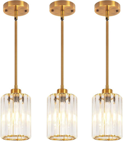 3 Pack Brushed Gold Pendant Lights Kitchen Island, Modern Crystal Kitchen Pendant Lighting Over Island Dining Room Light Fixtures Adjustable Hanging Pendant Light for Bathroom Hallway Foyer Bedroom