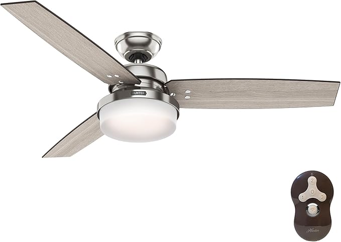 Hunter 52 inch Indoor Ceiling Fan with LED Light and Remote Control - Standard Mount Ceiling Fan, 3 Blades, For Bedroom, Living Room, or Kitchen - Sentinel 59157, Brushed Nickel