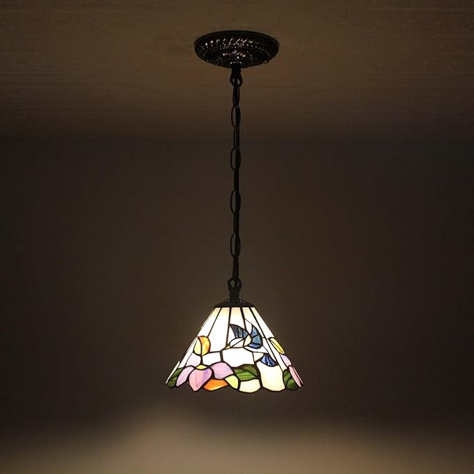 Bieye L11007 Hummingbird Flower Tiffany Style Stained Glass Ceiling Pendant Fixture with 8 Inch Wide Handmade Lampshade, Blue