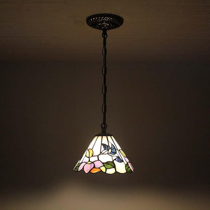 Bieye L11007 Hummingbird Flower Tiffany Style Stained Glass Ceiling Pendant Fixture with 8 Inch Wide Handmade Lampshade, Blue
