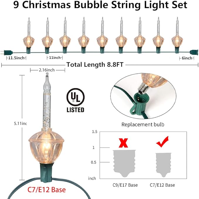 Oviejo Silver Bubble Lights for Christmas Tree,8.8Ft Vintage Bubble Lights with 10 Clear Silver Glitter Bulbs(1 Spare), C7 Christmas Bubble Decoration for Indoor Outdoor Patio Porch Tree Party Decor