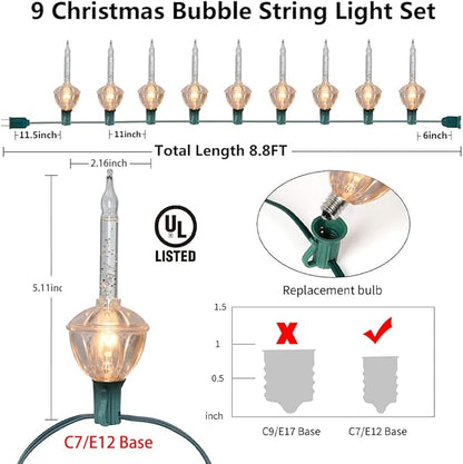 Oviejo Silver Bubble Lights for Christmas Tree,8.8Ft Vintage Bubble Lights with 10 Clear Silver Glitter Bulbs(1 Spare), C7 Christmas Bubble Decoration for Indoor Outdoor Patio Porch Tree Party Decor