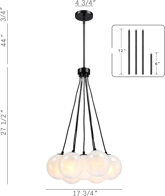 Modern Globe Black Chandelier Milky Glass Shade Sputnik Ceiling Light Fixture, Mid Century Bubble Dining Room Pendant Light, Hanging Island Light for Kitchen Bedroom Entryway Over Table