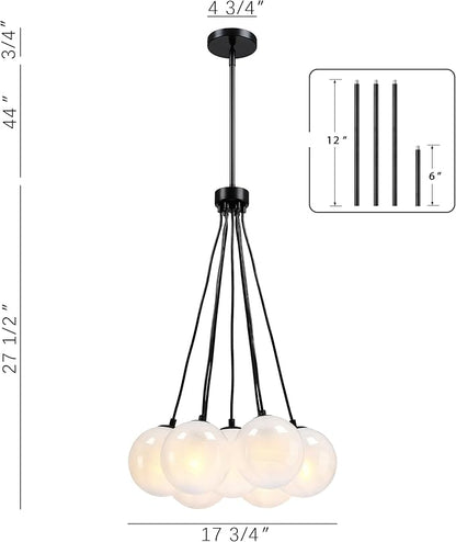 Modern Globe Black Chandelier Milky Glass Shade Sputnik Ceiling Light Fixture, Mid Century Bubble Dining Room Pendant Light, Hanging Island Light for Kitchen Bedroom Entryway Over Table