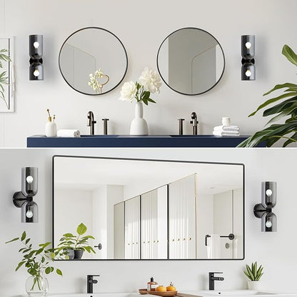 Modern Glass Wall Sconces- Double Head Wall Lighting with Long Short Glass Shades- Bathroom Vanity Light Mid-Century Up Down Hardwired Wall Lamp Indoor for Bedroom Hallway Living (Black-Gray)