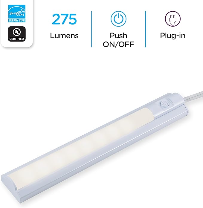 Enbrighten 10 Inch LED Premium Under Cabinet Light Fixture, Plug-In, Bright White 3000K, 275 Lumens, Plastic Housing, On/Off Switch, Perfect for Kitchen, Home Office, Garage, Workbench & more, 26534