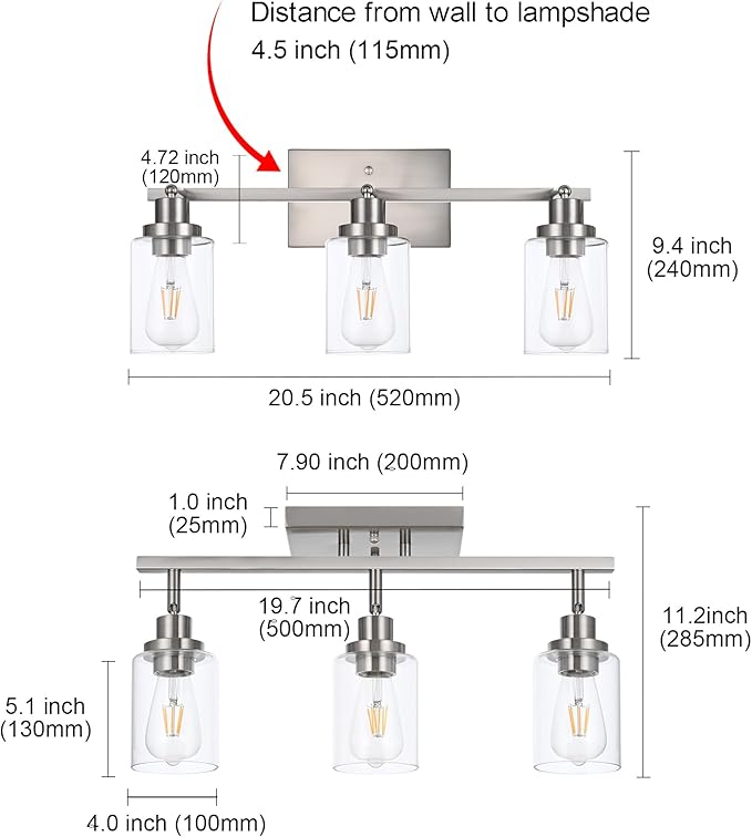 MELUCEE 3 Light Bathroom Vanity Light Brushed Nickel Track Lighting Fixtures Ceiling, Wall Light Fixtures with Rotatable Track Head for Hallway Porch Foyer Bath Storage, 20.5 Inch, Clear Glass Shade