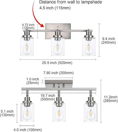 MELUCEE 3 Light Bathroom Vanity Light Brushed Nickel Track Lighting Fixtures Ceiling, Wall Light Fixtures with Rotatable Track Head for Hallway Porch Foyer Bath Storage, 20.5 Inch, Clear Glass Shade