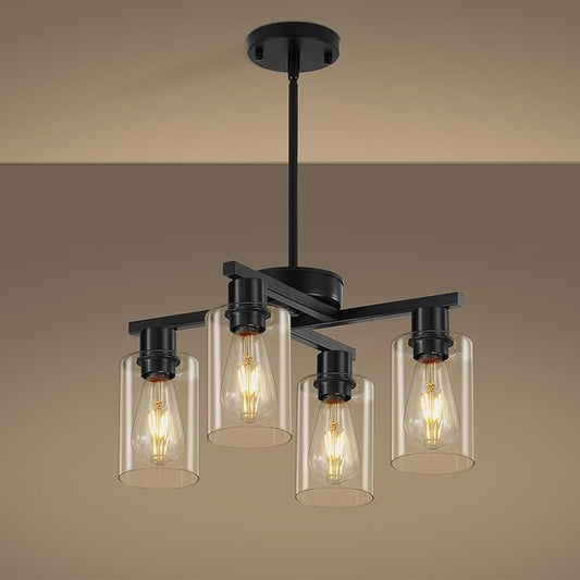 4-Light Black Modern Farmhouse Chandelier, Adjustable Height Pendant Lighting for Kitchen Island & Dining Room, Industrial Hanging Fixture with Clear Glass Shade for Entryway Foyer Bedroom