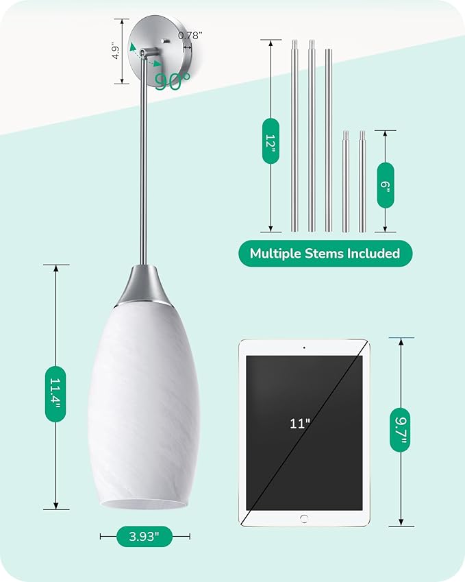 EDISHINE Pendant Light Fixture, Handcrafted Art Glass Hanging Light, Hardwired Ceiling Light, White Marble Glass Shade, Adjustable Brushed Nickel Rods, E26 Base, Pendant Lamp for Kitchen Bathroom Bar