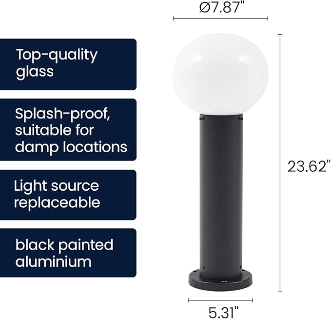 23.6" Outdoor Post Light, Modern Outside Bollard Light with Opal Glass Globe, Black Aluminum Pathway Lamp Post Light for Walkway Driveway Patio Garden, Hardwired, E26 Bulb Not Included