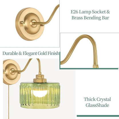ZECOXOL Vintage Plug in Wall Sconces Dimmable Wall Sconces of Two,Wall Lamps with Plug in Cord & Flower Glass Lampshade,Gold Sconces Wall Decor Set of 2 Plug in Wall Lights Sconces for Bedroom