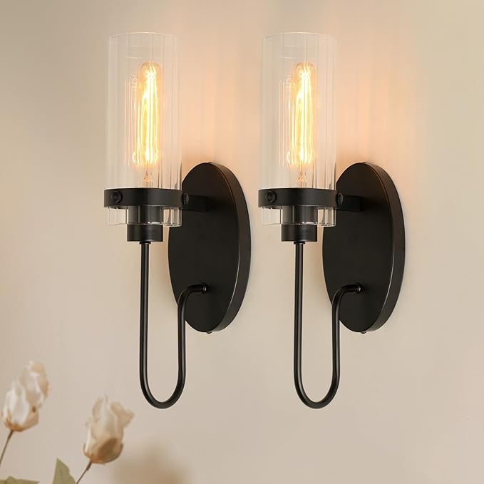 Bathroom Sconces Set of 2, Black Farmhouse Wall Sconce with Clear Glass Shade, Vanity Lights for Bathroom, Living Room, Bedroom, Hallway, Stairwell and Kitchen