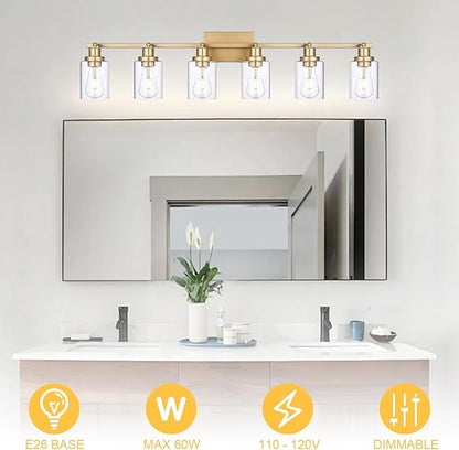 6-Light Track Lighting Kits Gold, Multi-Directional Rotating Kitchen Tracking Light Heads with Clear Glass, Modern Track Lighting Fixture Ceiling Vanity Lights for Bathroom Island Accent Shop