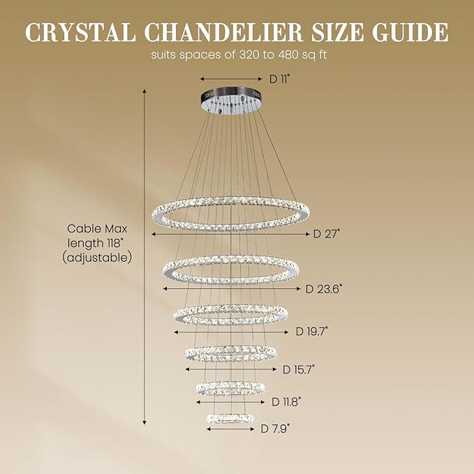 Siljoy Modern Crystal Chandelier Lighting, 6 Ring Chandelier LED Ceiling Lights Fixtures with 3-Color, High Ceiling Foyer Chandeliers for Living Room Dining Room Staircase, D8-12-16-20-24"-28"