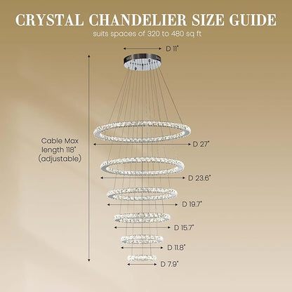 Siljoy Modern Crystal Chandelier Lighting, 6 Ring Chandelier LED Ceiling Lights Fixtures with 3-Color, High Ceiling Foyer Chandeliers for Living Room Dining Room Staircase, D8-12-16-20-24"-28"