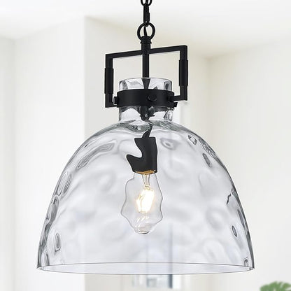 Glass Pendant Light, 13.8 Inch Single Hanging Ceiling Light with Adjustable Chain, E26 Base Oversized Hammered Clear Glass Kitchen Island Pendant Lighting in Matte Black for Dining Room, Entryway
