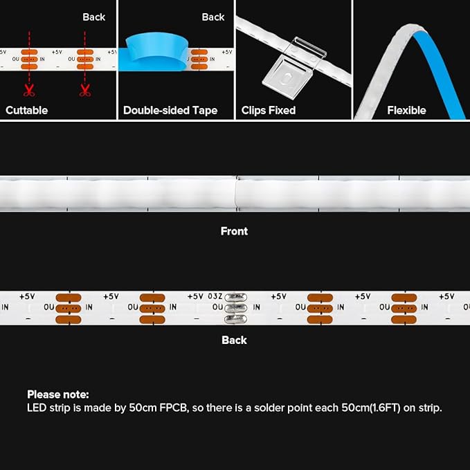 BTF-LIGHTING FCOB COB XGB1338(WS2812B) Individually Addressable IC RGB 160LED/m 800IC LED Strip DC5V 16.4FT 5mm Width Dream Chasing Color High Density Uniform Light(NO Adapter or Controller)