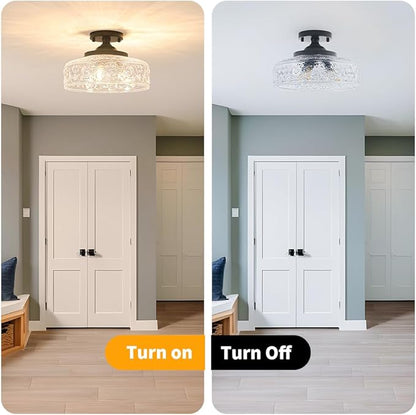 Daunton Semi Flush Mount Ceiling Light Fixture, Vintage Matte Black 3-Light Fixture with Etched Crystal Glass Shade for Kitchen,Hallway, Entryway, Bedroom (No E12 Bulbs Included)