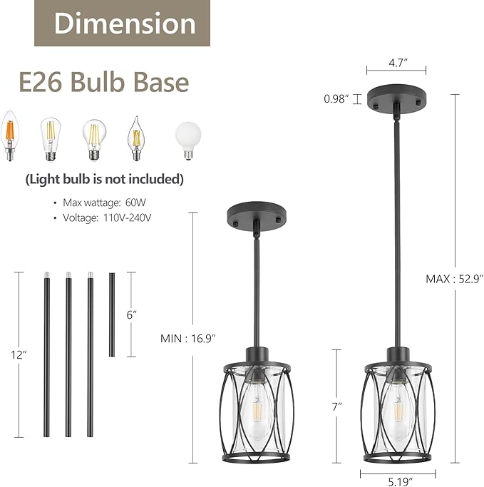 Glass Pendant Lights Kitchen Island Black Pendant Light Fixtures Adjustable Farmhouse Mini Hanging Light with Clear Glass for Sink Dining Room Foyer Entryway Bar, 1 Pack
