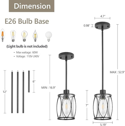 Glass Pendant Lights Kitchen Island Black Pendant Light Fixtures Adjustable Farmhouse Mini Hanging Light with Clear Glass for Sink Dining Room Foyer Entryway Bar, 1 Pack