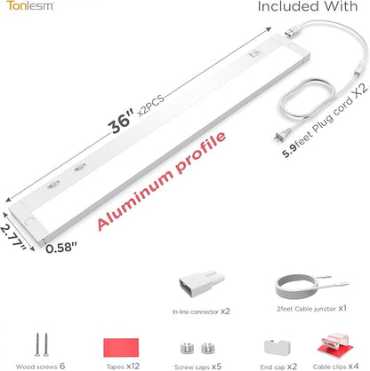 36 Inch Under Cabinet Lighting Plug in, 20W 120V 3 Color 3000K/4000K/5000K, 3 Brightness, Super Bright, Ultra Thin Under Counter Lights for Kitchen, Linkable LED Cabinet Light, White 2Pack