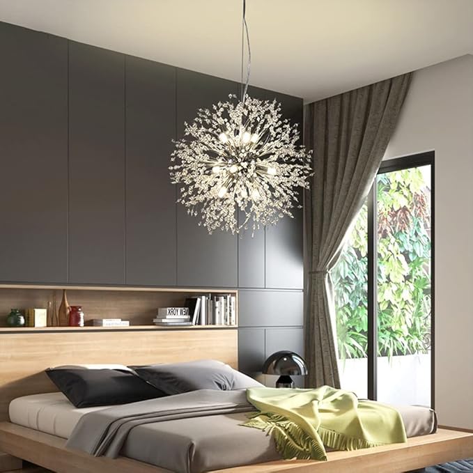 Modern Firework Chrome Crystal Chandeliers, Sputnik Dandelion Chandelier Light Fixture Pendant Lighting for Dining Room, Living Room, Bedroom, Kitchen, Restaurant- 9 Lights