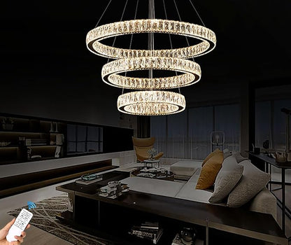 3 Rings Crystal Chandeliers 32"+24"+16" Crystal Ceiling Light Fixture Pendant Lighting Hanging Lamp for Living Room LED Dimmable 3000-6000K