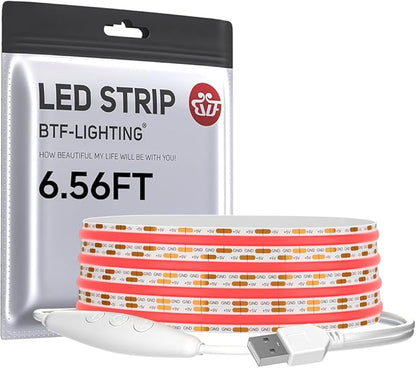 BTF-LIGHTING FCOB COB FOB LED Strip Lights 5V USB Powered 6.56FT 640LEDs Red Color 8mm Width Dimmable CRI 90+ with 3M Tape Flexible High Density for 3D Printer TV Backlight PC DIY Decor