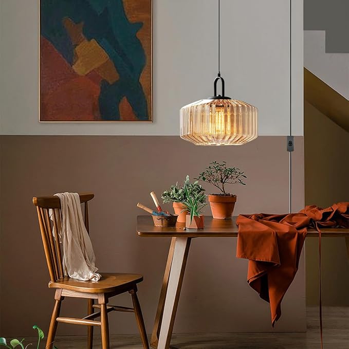 Plug in Pendant Lights - Amber Glass Stripe Lamp Shade, Large Globe Hanging Lamp Mid Century Hanging Lamp with 14.7 ft Plug in Cord Swag Style, Plug in Light Fixture for Living Room