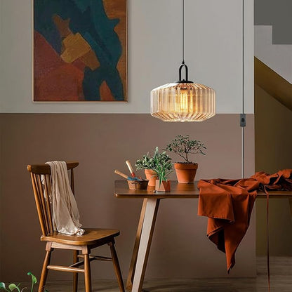 Plug in Pendant Lights - Amber Glass Stripe Lamp Shade, Large Globe Hanging Lamp Mid Century Hanging Lamp with 14.7 ft Plug in Cord Swag Style, Plug in Light Fixture for Living Room