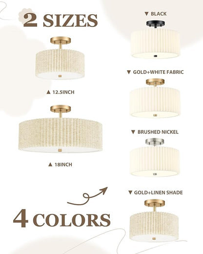 Semi Flush Mount Ceiling Lights, 4-Light 18" Gold Light Fixtures Ceiling Mount with Pleated Linen Fabric Shade, Drum Lighting Fixture for Nursery Hallway Bedroom Kitchen, AD-25036-4SF-GD-B