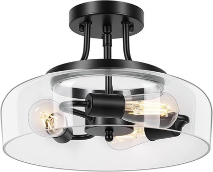 Modern Industrial Semi Flush Mount Ceiling Light with Clear Glass Shade, 3-Bulb Black Ceiling Light Fixture for Kitchen Bedroom Living Room Porch Hallway Entryway, E26 Socket, Bulbs Not Included