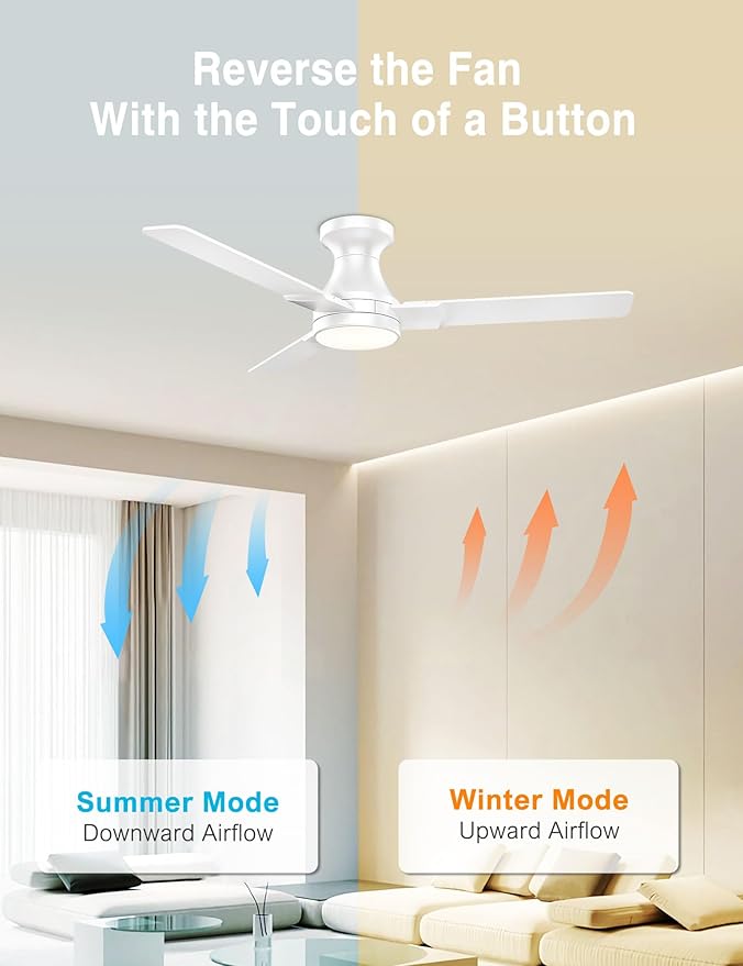DAMINY 42 inch Ceiling Fans with Lights,3 Blades,6CCT, Low Profile Ceiling Fan with Light and Remote Control,Ceiling Fan for Bedroom, Kitchen,Indoor/Outdoor Use,Flush Mount-White